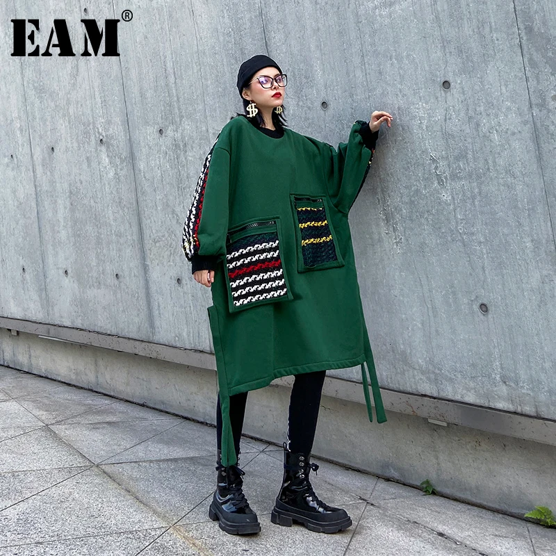 

[EAM] Women Back Plaid Big Size Sweatshirt Dress New Round Neck Long Sleeve Loose Fit Fashion Tide Spring Autumn 2020 19A-a405