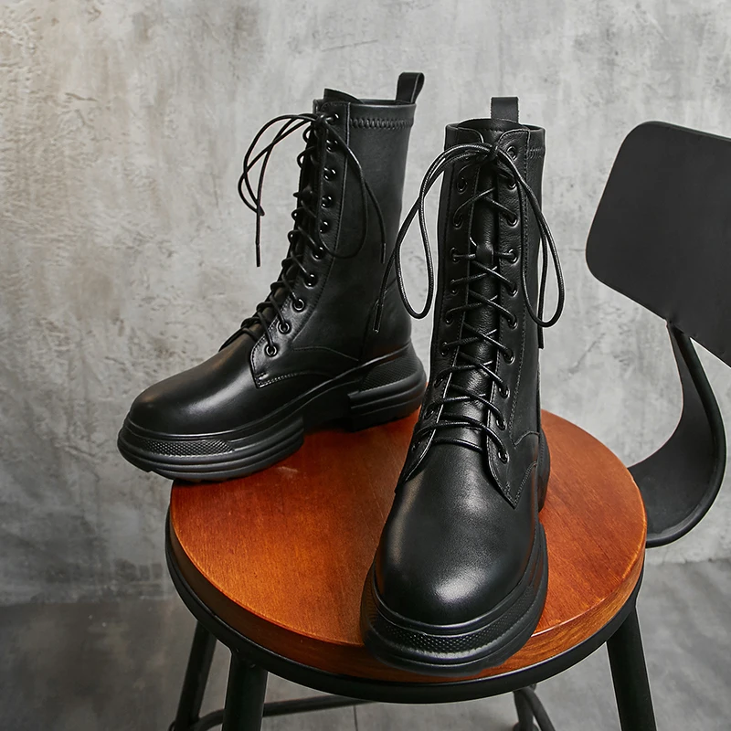 Women's genuine leather lace-up platform flats Motorcycle boots high quality autumn waarm plush mid-calf boots shoes for women