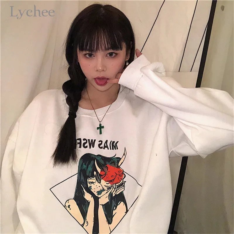 Lychee Harajuku темный призрак Женская флисовая Толстовка Повседневная весна осень зима Дамские свитшоты Топы свободные женские пуловеры с круглым вырезом
