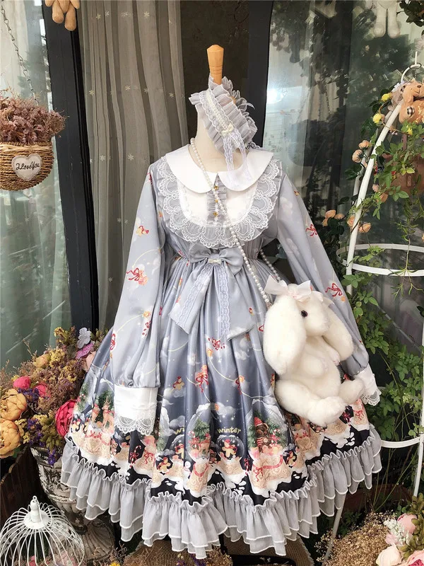 Dress and headwear Дворцовый стиль Лолиты Принцесса Винтаж снежный шар снеговик шаблон OP платье женские Kawaii Кукла Воротник Кружева оборками зимнее платье - Цвет: Dress and headwear