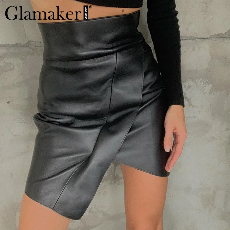 

Glamaker Pu leater asymmetrical mini skrit Women sexy a-Line black short dress Female party club bodycon high waist skrit ladise