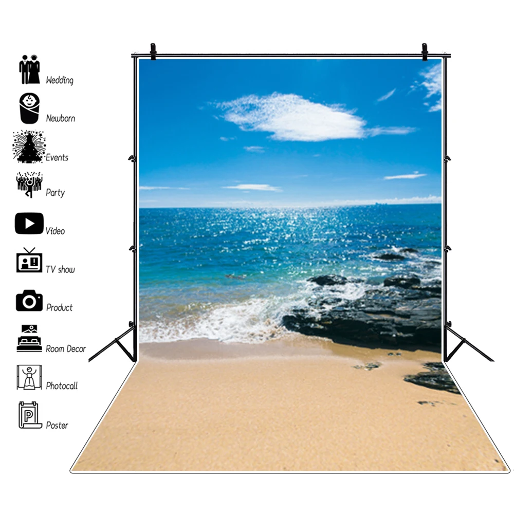 

Laeacco Blue Sky White Clouds Sea Beach Palms Trees Photography Backdrops Photo Backgrounds Aloha Party Photophone Photo Studio