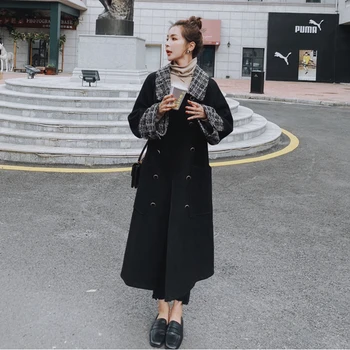 

2020 Autumn Fashion Women Woolen Coat Thick Full Sleeve Lapel Collar High Street Loose Elegant Patchwork Slim Plaid C383