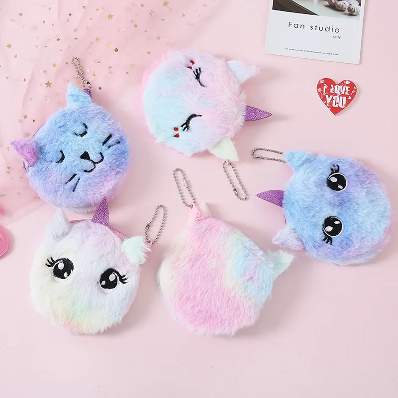 

Cartoon Plush Unicorn Coin Purse Cute Cat Fur Circle Wallet Girl Clutch Embroidered Bag Key Earphone Organizer Pouch Kids Gift