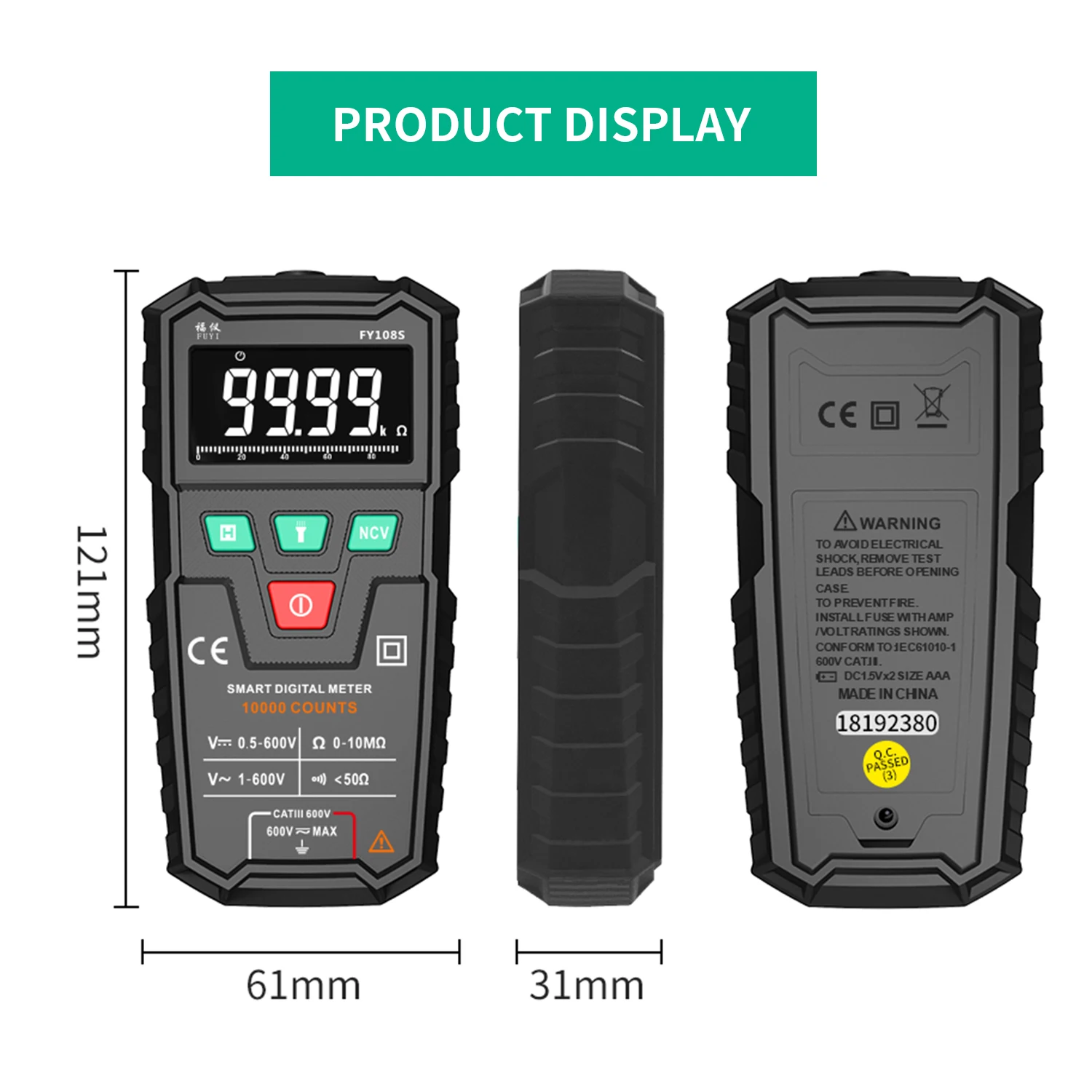 FUYI FY108S 9999 Counts True RMS Handheld Mini Digital Multimeter AC/DC Voltage Continuity Buzzer Automatic Multimeter