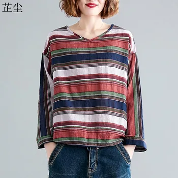 

Long Sleeve Women Autumn T Shirt Plus Size Cotton Linen Striped Tee Shirt Female Vintage Big Size Loose Basic Tops T-Shirt 2019