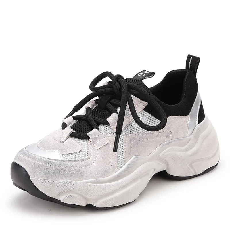 

New Women's Thick-soled Mesh Sports Shoes Genuine Leather Color Matching Lace Autumn Fashion Comfortable Breathable Casual Shoes