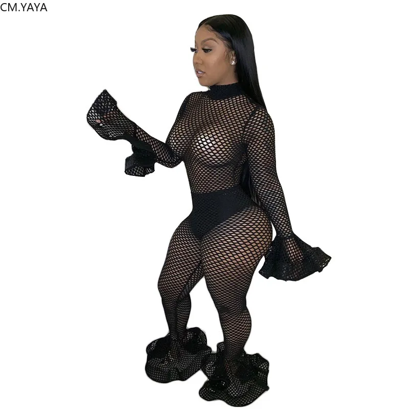 Осень-зима женский длинный рукав сетка Перспектива o-образным вырезом bodycon оборки