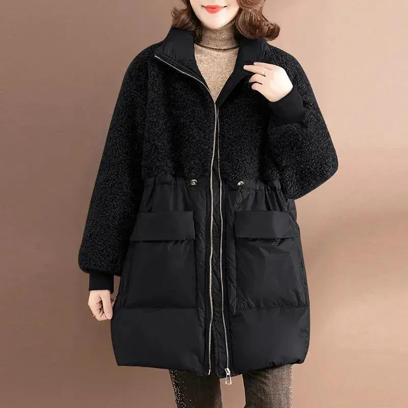 

2022 Winter Cotton-Padded Jacket Women Mid-Long Outerwear Fashion Lamb Wool Overcoat Loose Oversize 4XL Keep Warm Coat Female