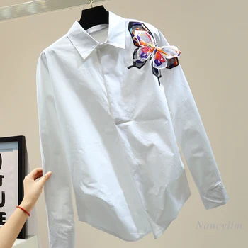 

Women's Turn-Down Collar White Shirt 2020 Autumn Korean Loose Colorful Butterfly Patch Long Sleeve Blouses Blusas All-Match