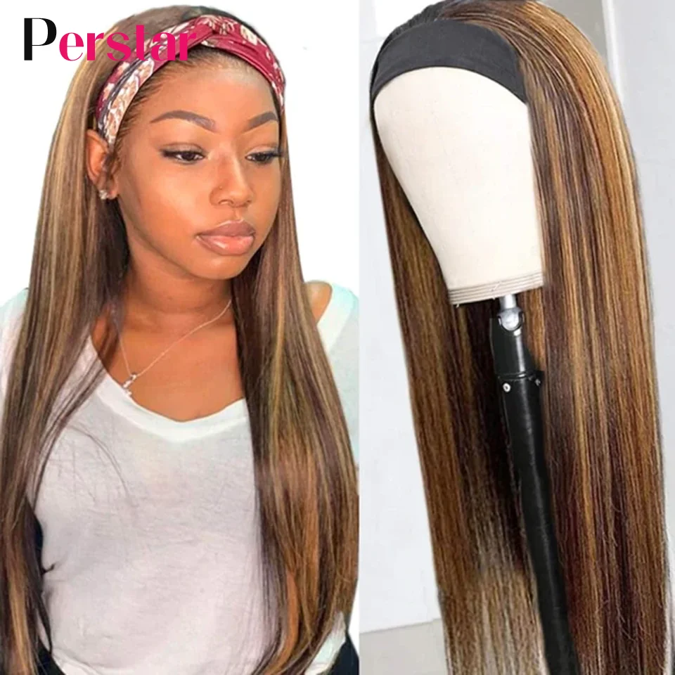 Perstar Peruvian Straight Highlight Headband Wigs Human Hair Glueless Ombre Honey Blonde Wig For Women Grip Scarf Remy Hair