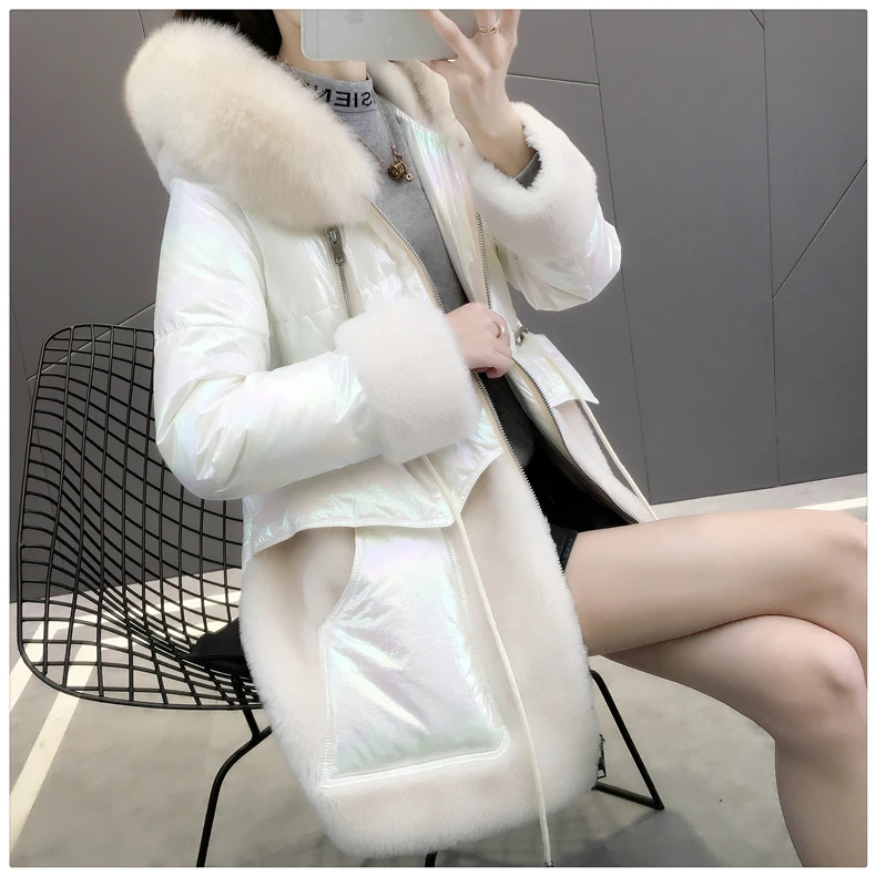 AYUNSUE, пальто с натуральным мехом, женский пуховик из овчины, зимнее пальто, Женское пальто с воротником из лисьего меха, шерстяное пальто, Manteau Femme MY4589