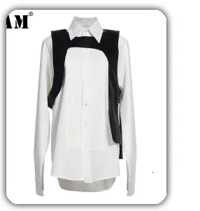 [EAM] Wide Leg Pants Striped Two Piece Suit New Round Neck Short Sleeve Black Loose Fit Women Fashion Spring Autumn 2020 JW5910