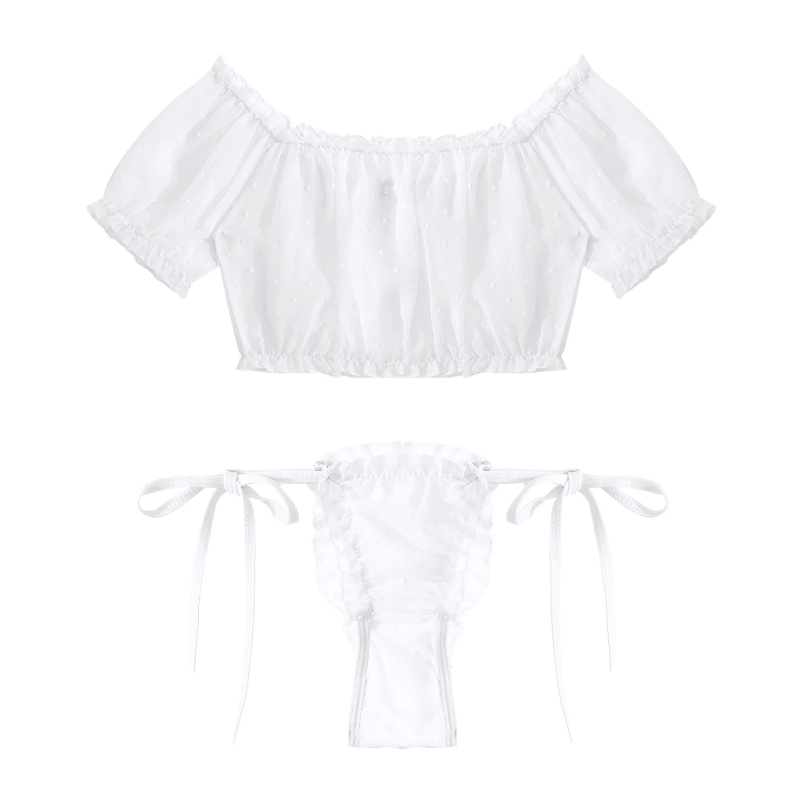 Two-piece Sissy Lingerie Set Sexy Underwear Set Nightwear Off Shoulder Ruffled Crop Top Lace-up Frilly Thongs For Men