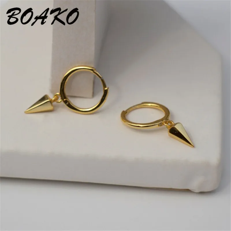 gold BOAKO модные серьги в стиле панк для Для женщин Для мужчин 925 пробы Серебряные серьги Геометрическая, Шестигранная форма конический сережки-гвоздики, ухо пряжки кости - Окраска металла: gold