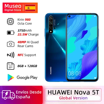 Перейти на Алиэкспресс и купить Глобальная версия Huawei Nova 5 T 5 T 8GB 128GB смартфон 48MP камеры Фронтальная 32MP 6,26 'экран Kirin 980 Android 9