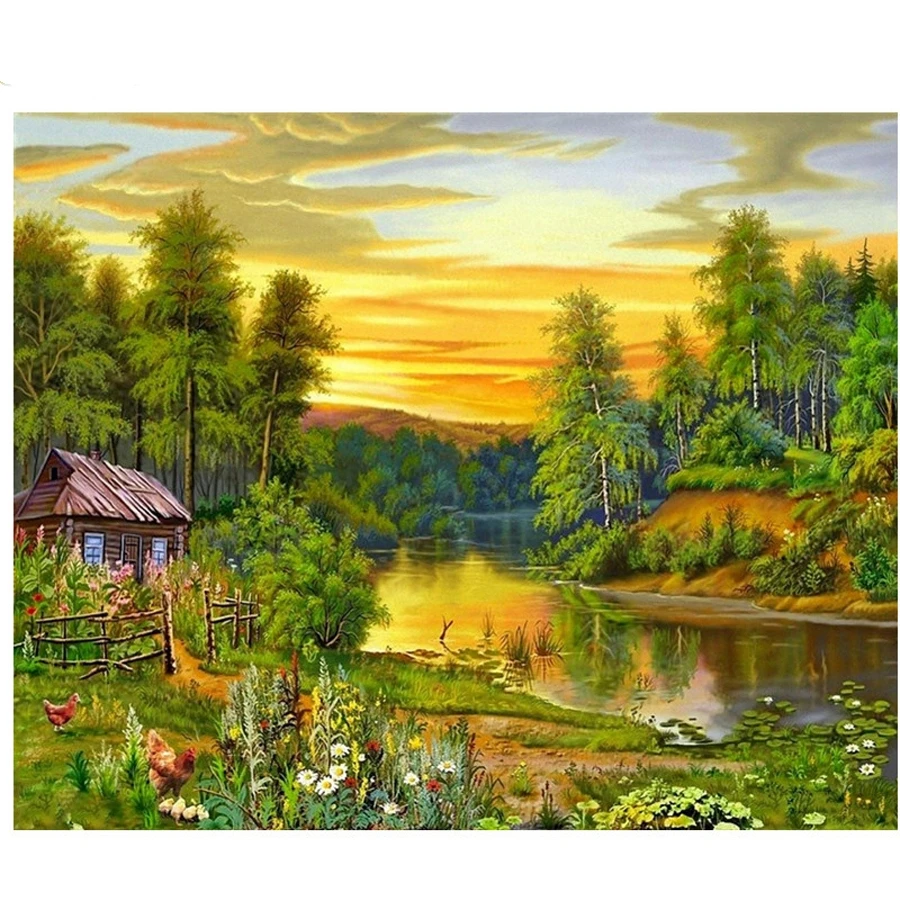 5D DIY Diamond Painting natural Scenery Cross Stitch Full Diamond Embroidery Home Needlework Forest landscape diamond mosaic hut_副本