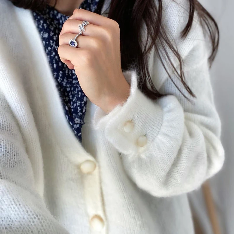 Lantern Sleeve Sweater Women Single Breasted V