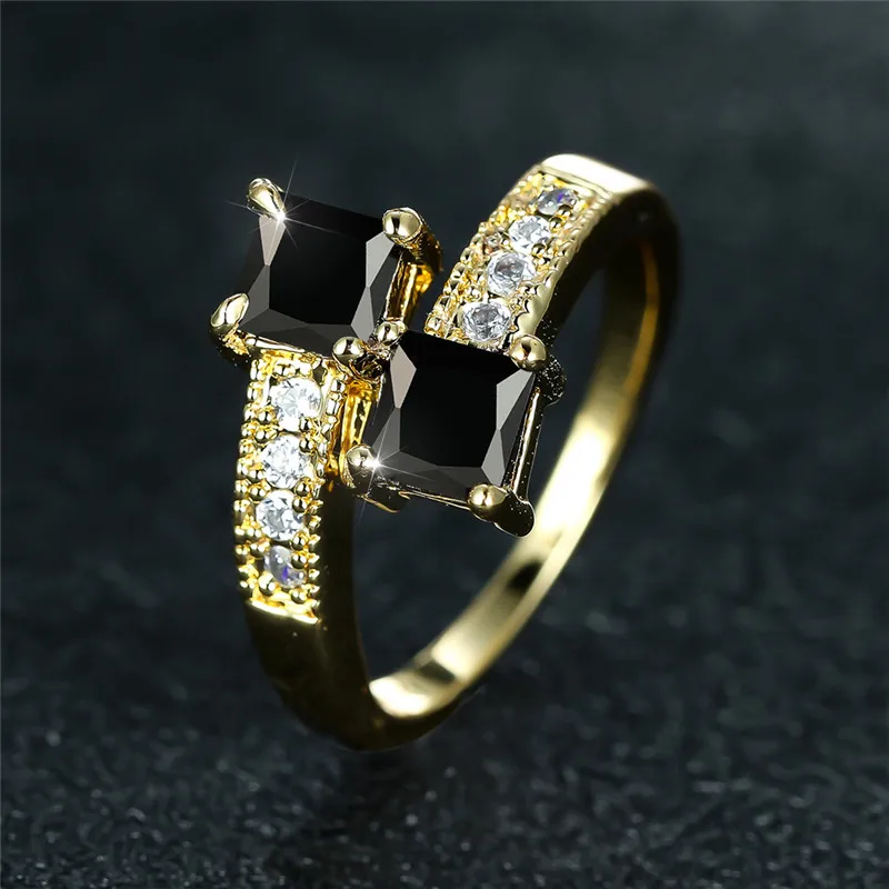 Женское простое кольцо с черным кристаллом, очаровательные обручальные кольца золотого цвета для женщин, роскошные свадебные кольца невесты с цирконом и камнем, обручальное квадратное кольцо