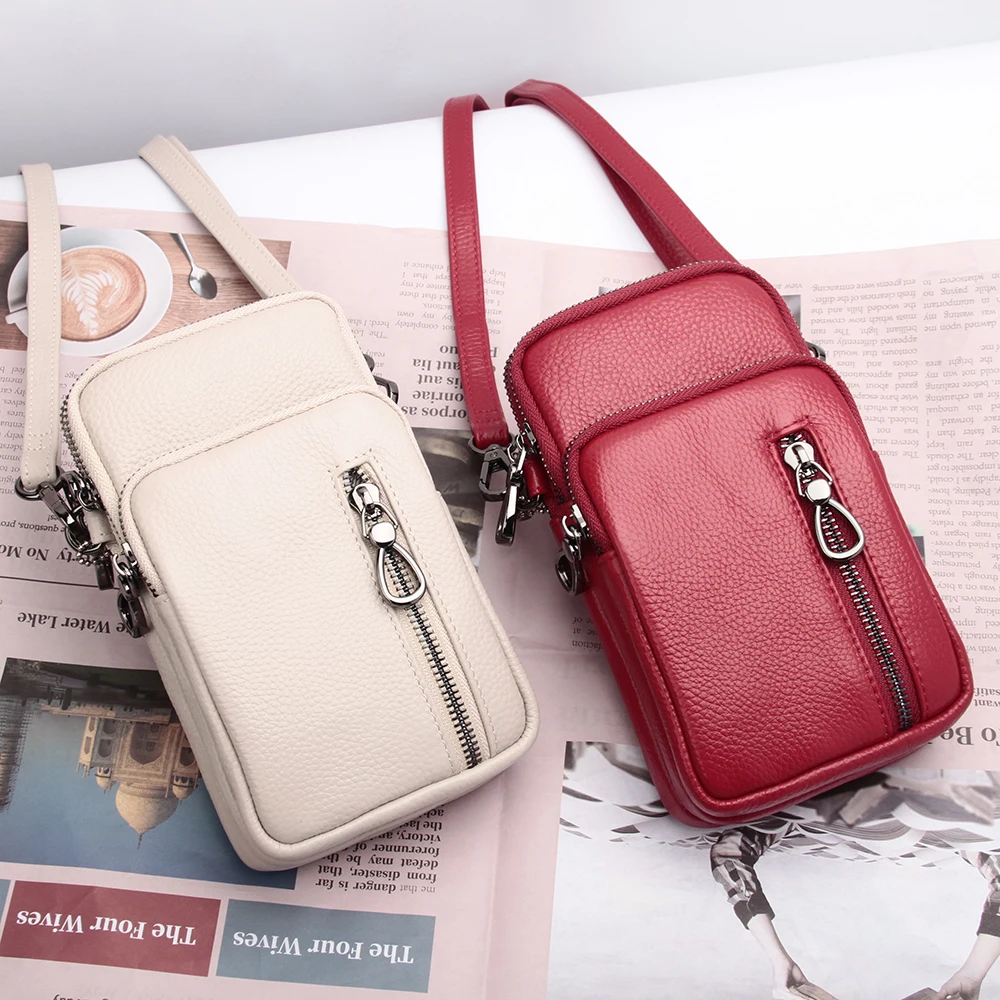 Ellovado Genuine Leather Mobile Phone Mini Bags Practical Multi Zipper Shoulder Bag Coin Purse Woman Crossbody |