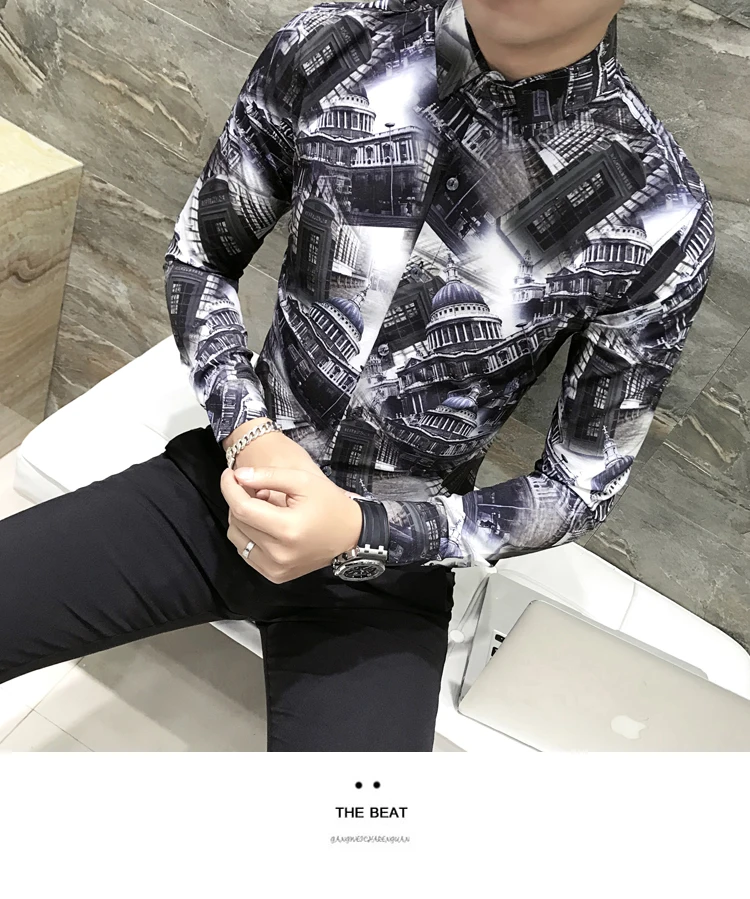 Camisa Masculina/Весенняя Новая мужская рубашка с длинными рукавами и цветочным принтом; модные облегающие рубашки для ночного клуба; Chemise Homme