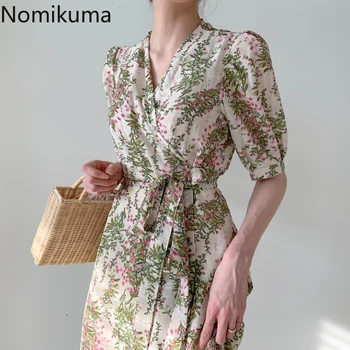 

Nomikuma 2020 Korean Women Floral Maxi Dress Women Short Sleeve V Neck Elegant Vestidos Femme Lace Up Slim Waist Dresses 6A064