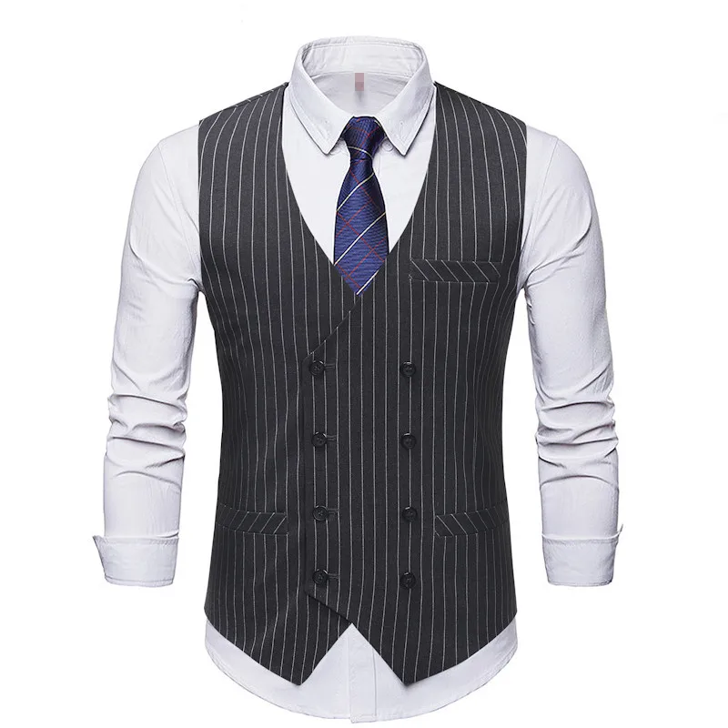 Grey Striped Vests Мужской полосатый жилет размера плюс, повседневный приталенный модный двубортный жилет с v-образным вырезом без рукавов для мужчин, одежда для бизнеса - Цвет: Grey Striped Vests