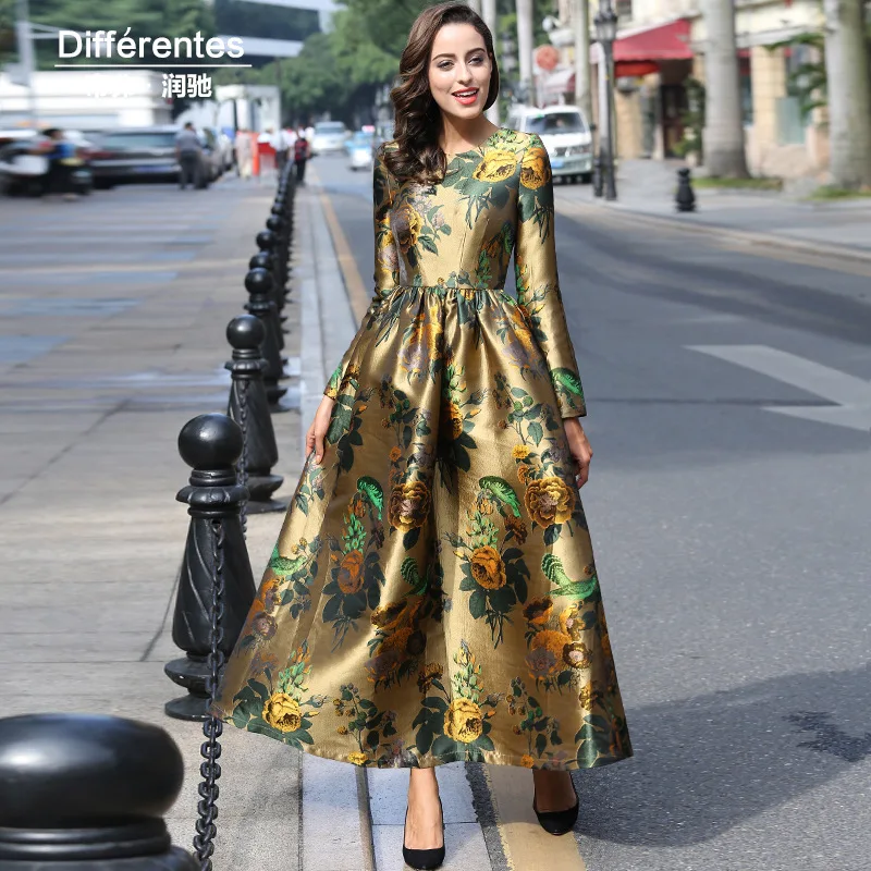 

2020 spring printed dress long sleeve women's dress long skirt bright large flower long waist skirt ss5930