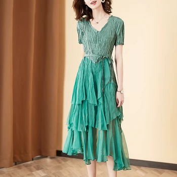 

Summer Dress Plus Size For Women 45-75kg New V Neck Short Sleeved Slim Elastic Miyake Pleated Slim Lace-up Waist A-Line Dress