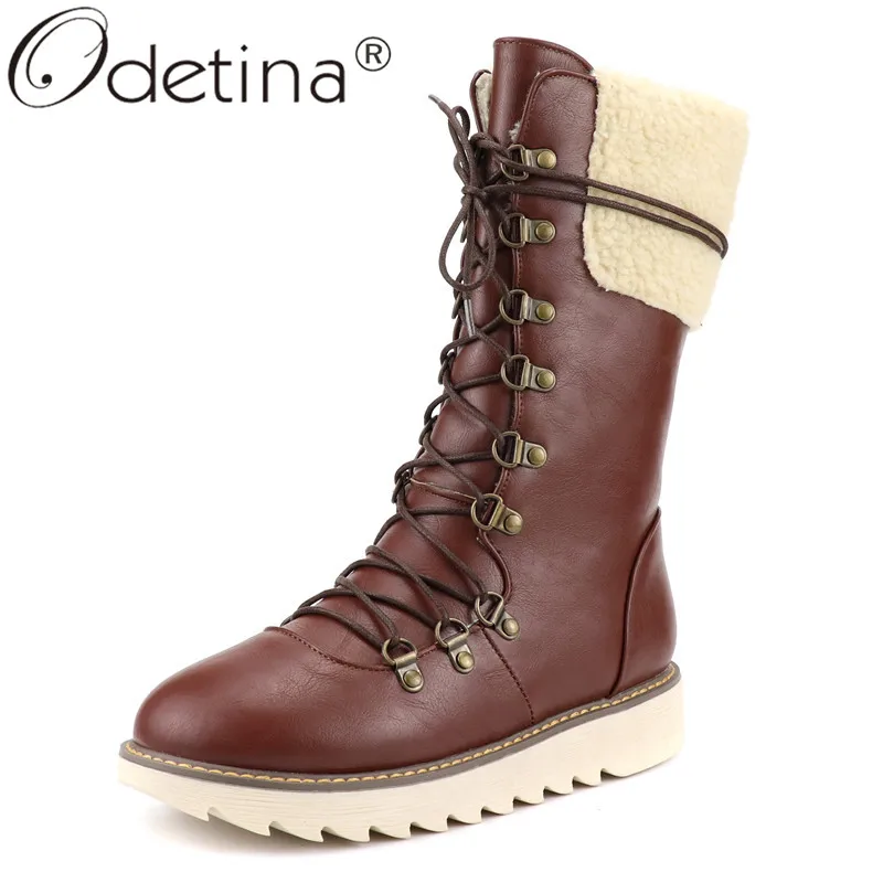 Odetina New Women Platform Lace Up Combat Mid Calf Boots Cross Tied Faux Thick Fur Non-slip Winter Warm Snow Plus Size 48 | Обувь