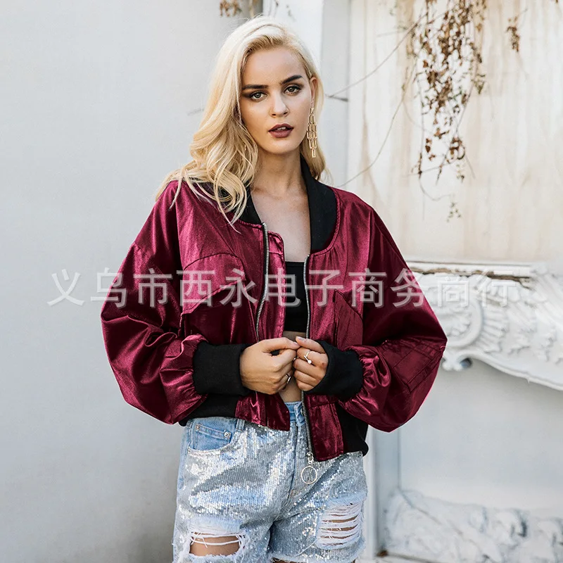 

2018 Autumn And Winter New Style ou mei liang Color Dolman Sleeve Baseball Shirt Cropped Jacket Women's Hot Selling