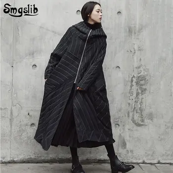 

2019 women's winter jacket Black Striped Split Joint Long Cotton-padded Coat Loose Fit Women Parkas fashion coats