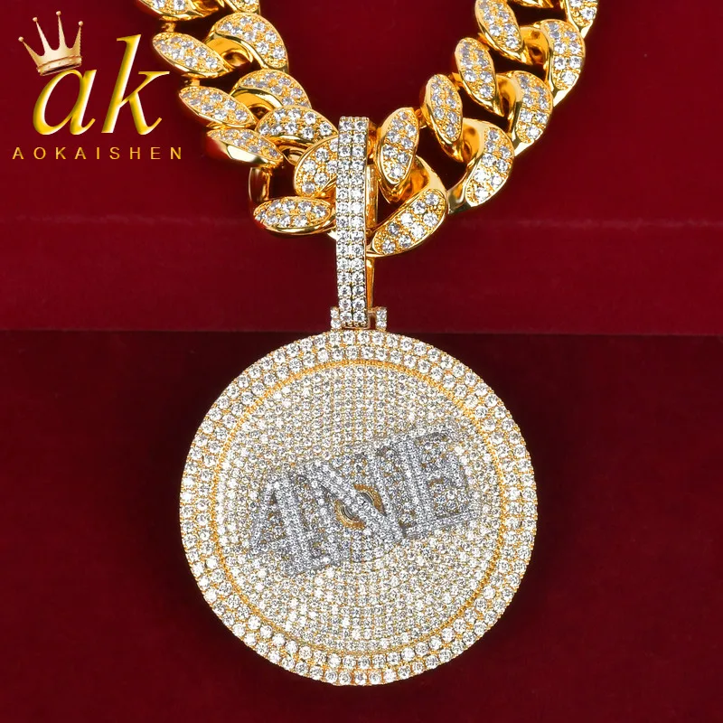 Aokaishen Custom Name Necklace for Men Rotating Pendant Letter/Number/Symbol/Color Rapper Hip Hop Jewelry Iced Out Charms