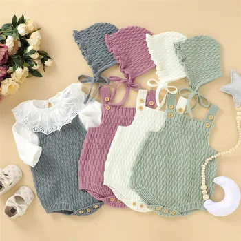 

2 Pcs Baby Knit Romper Set Sleeveless Triangle Crotch Button One-Piece with Solid Windbreak Hat