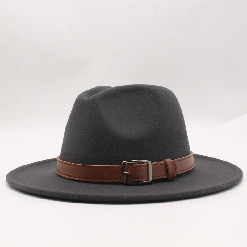Новинка Зима Осень шерсть для женщин мужчин ремень дамы Fedoras Топ джаз шляпа Европейский Американский круглые шапки котелок шапки