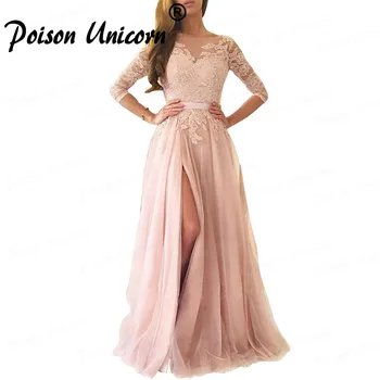

Pink Lace Long Evening Dresses With Stylish 3/4 Length Sleeves A-Line Scoop Neck Appliques Sashes Split-Front Formal Prom Gowns