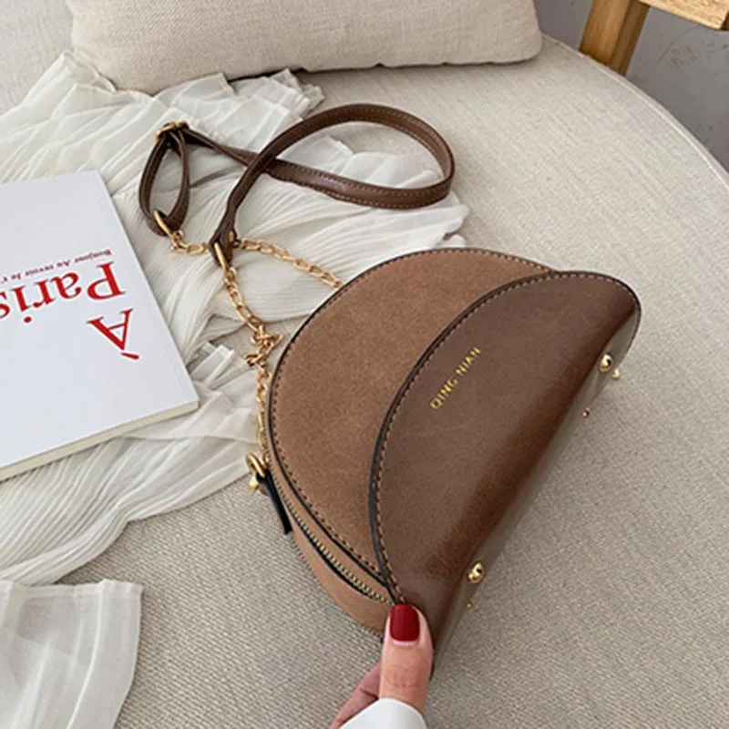Khaki shoulder bag Матовая кожаная женская сумка на плечо, женская сумка-мессенджер, полукруглая сумка, роскошная дизайнерская двухслойная сумка через плечо - Цвет: Khaki shoulder bag