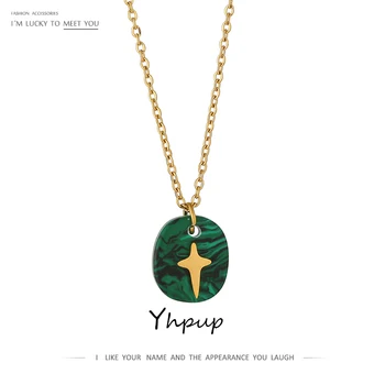 

Yhpup Exquisite Green Resin Stone North Star Pendant Necklace for Women Stainless Steel Collares Jewelry Statement Necklace