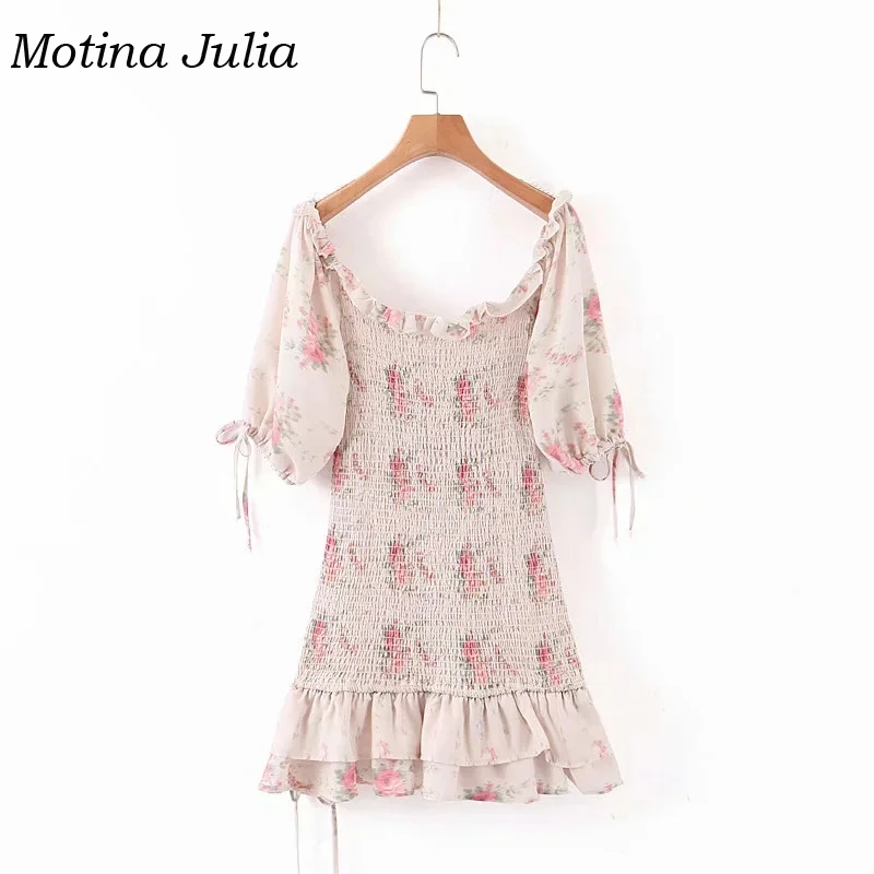 Motina Julia модное платье с рюшами и принтом женское мини-платье в стиле бохо пляжное платье с квадратным вырезом