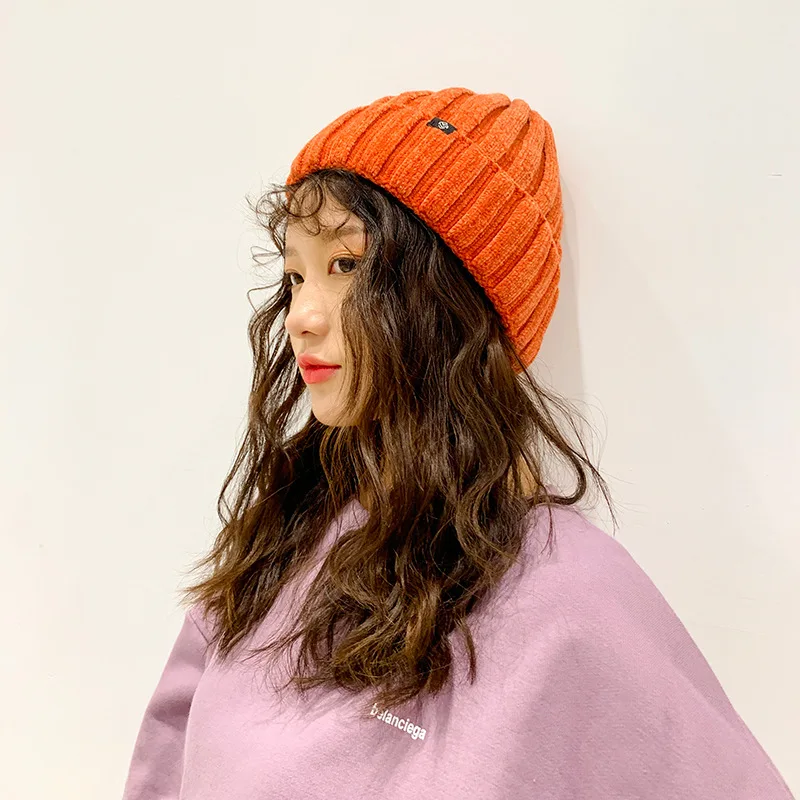 Зимняя вязаная женская шапка, одноцветная шапка Skullies Beanies в стиле хип-хоп, женская зимняя шапка, осенняя шапка, Лыжная шапка - Цвет: orange
