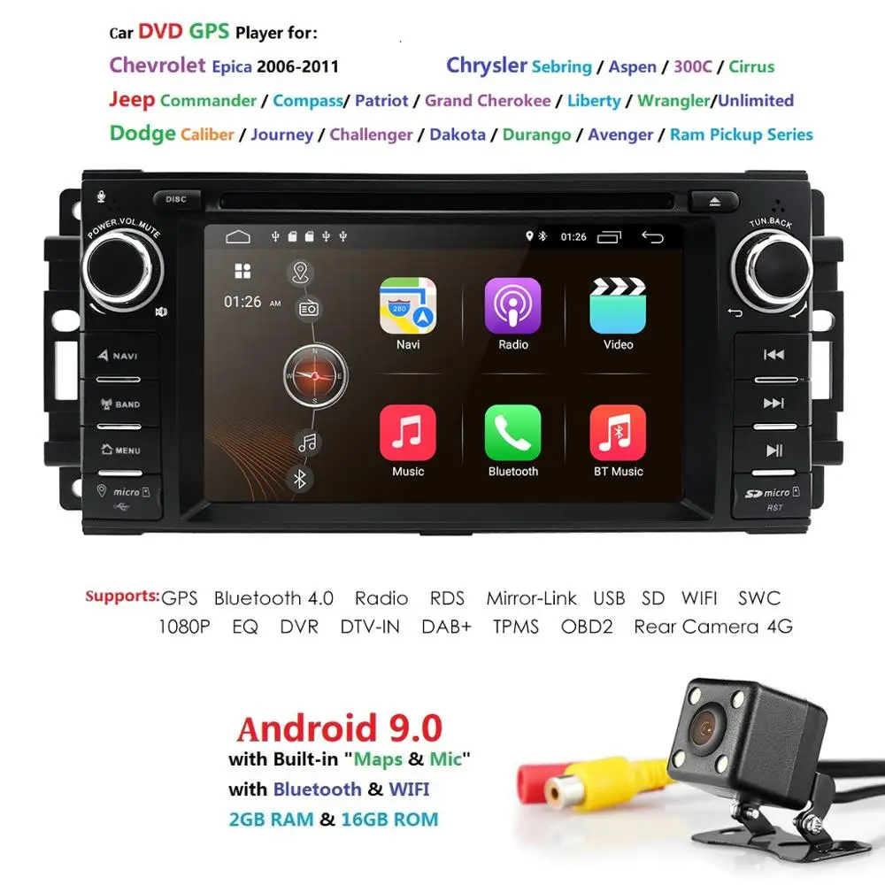 Четырехъядерный Android 9,0 автомобильный стерео DVD gps плеер Navi для Jeep Compass/Wrangler Chevrolet Epica/Chrysler Sebring Aspen cirрус DAB