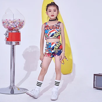 

2020 Hip Hop Clothing Kids Jazz Dance Child Costume Fashion Print Vest Shorts Coat Jacket Stage Performance Dancing Outfit F355