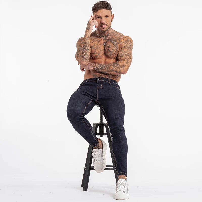 GINGTTO Men's Skinny Jeans Blue High Waist Classic Hip Hop Stretch Men Pants Cotton Comfortable Soft Full Length zm124