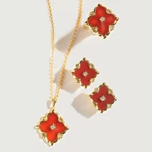 Ювелирные изделия CMajor из стерлингового серебра, итальянский стиль, красный нефрит, четырехлистный клевер, серьги, кольцо и ожерелье, набор украшений для женщин