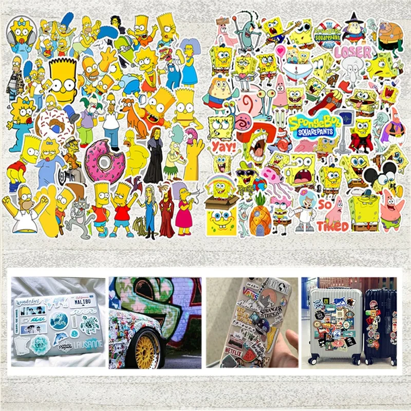 

50pcs Cute Cartoon Characters The Simpsons&Spongebob Stickers For Home Decor Laptop Suicase Water Bottle PVC Sticker Decals
