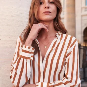 

women s blouses and tops silk floral office formal casual shirts plus large size 2019 summer sexy Haut femme coffee white stripe