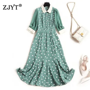

Runway Designer Fashion Summer Dresses for Women 2020 New Clothes Elegant Peter Pan Collar Dot Print Midi Chiffon Dress Lady
