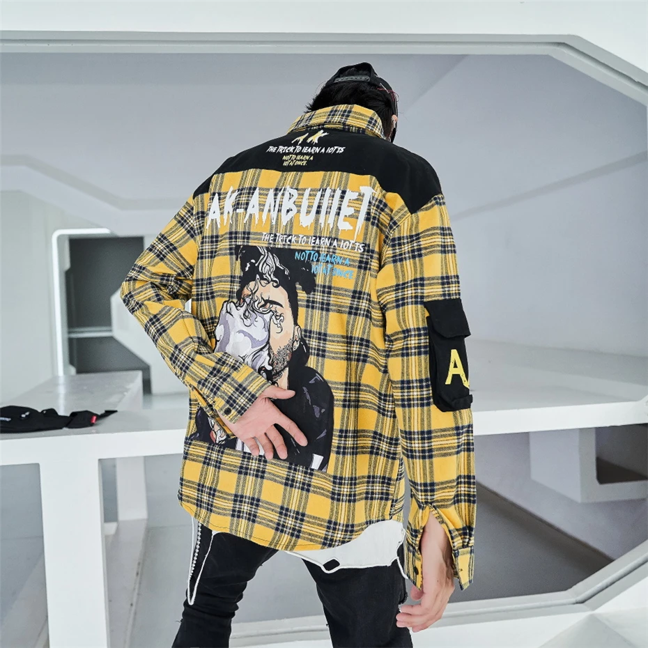 Harajuku хип хоп плед рубашки для мужчин с длинным рукавом креативный принт рубашка-пальто для мужчин и женщин уличный стиль рубашка Топы