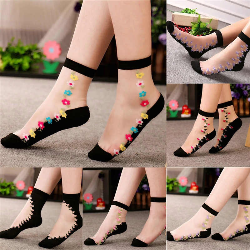 

1Pair Women Silk Cotton Transparent Ankle Sock 23-25cm/9.06"-9.84" Flower Lace Ankle Sock Soft Sheer Elastic Mesh Knit