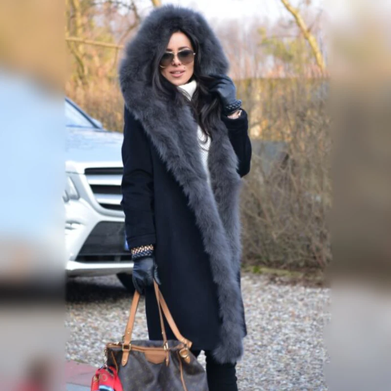 Winter Fashion Natural Fur Coat With Hood Long Wool Blends Fox Fur Coat Woman Luxury Outwear 2022 Trendy Cashmere Overcoat Woman